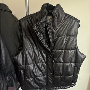 Quilted Faux Leather Puffer Vest in Black
